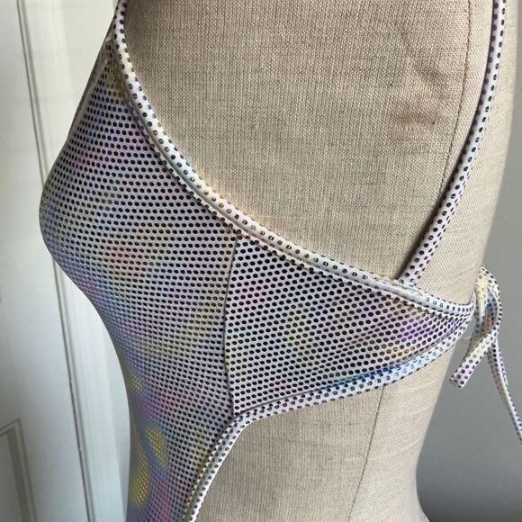 Holographic Mini Dress Tie Back, 80’s L.W. Sin-Sations body con sz s/m form fit - Picture 9 of 16